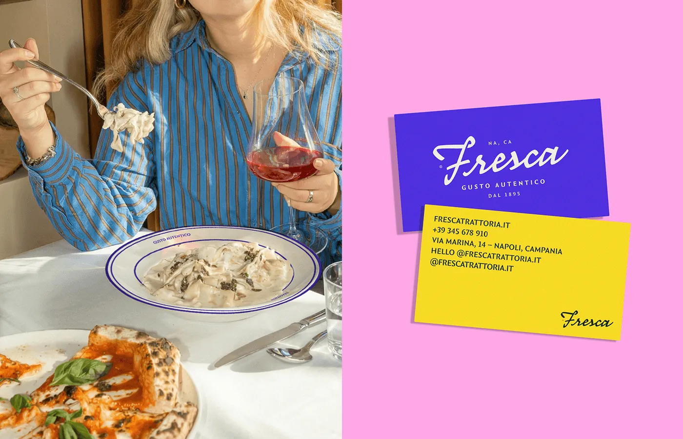 Split composition: a diner lifestyle photo beside stacked brand cards.