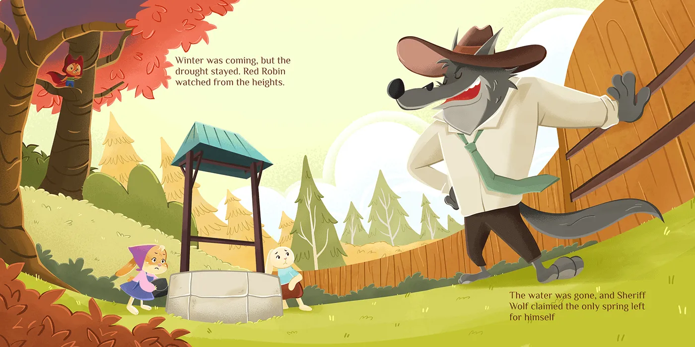 Sheriff Wolf leaning smugly by the dry well while the forest animals look on. Introduces the villain and the drought stakes.