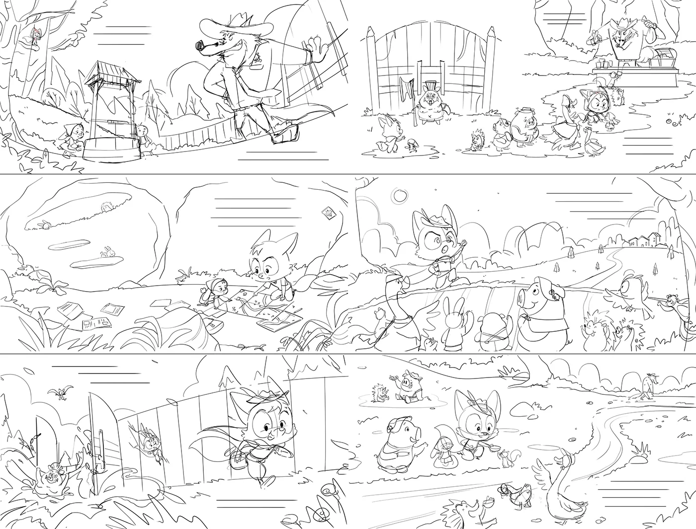 Six black-and-white narrative panels. Closes the gallery by showing the storytelling groundwork.