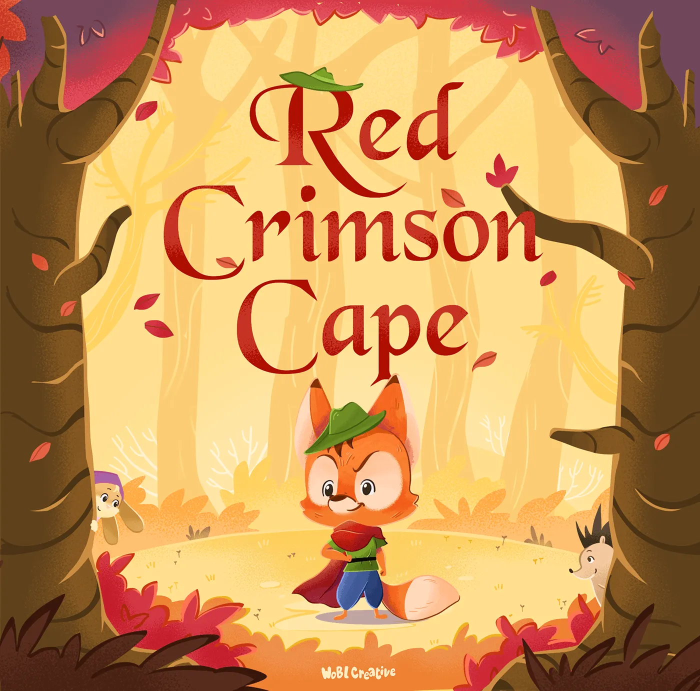 Titled hero shot: the fox in his crimson cape in a sunlit forest clearing. Introduces the project and protagonist in one image.