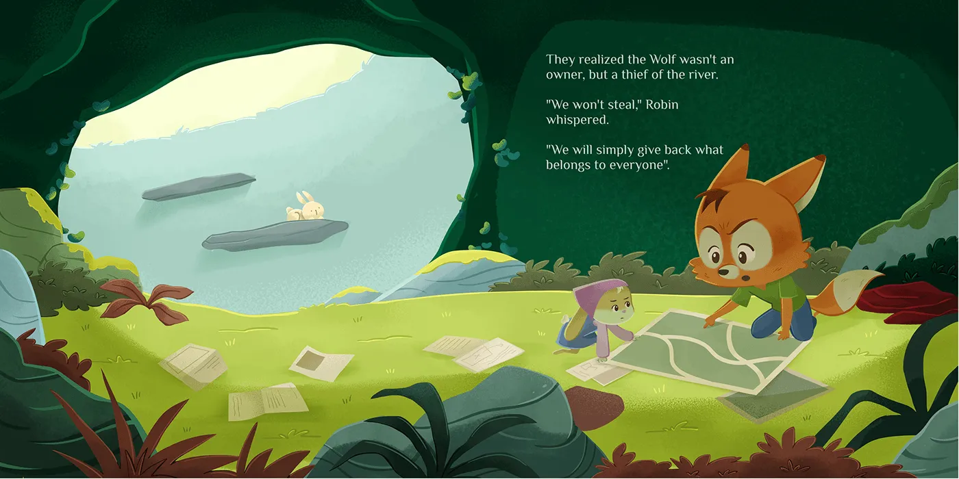 A moodier spread: the hero and Marian planning over a map inside a dark cave. Shows lighting and atmosphere range.